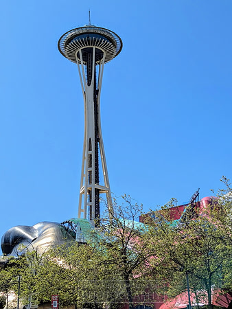 The space needle towers over the sky line